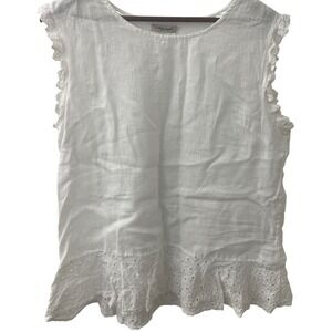Lungo L Arno Linen Eyelet Ruffle TankTop White Feminine Coastal Made in Italy XL